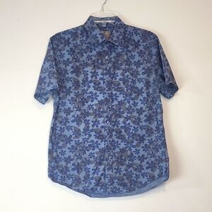 GUESS Blue Kaki Floral 100% Cotton Short Sleeve Button Down